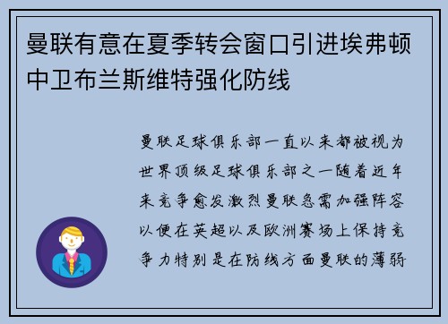 曼联有意在夏季转会窗口引进埃弗顿中卫布兰斯维特强化防线 曼联有意在夏季转会窗口引进埃弗顿中卫布兰斯维特强化防线