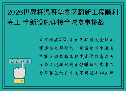 2026世界杯温哥华赛区翻新工程顺利完工 全新设施迎接全球赛事挑战